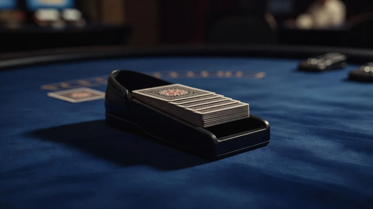 A dealer shoe with playing cards on a blue casino table