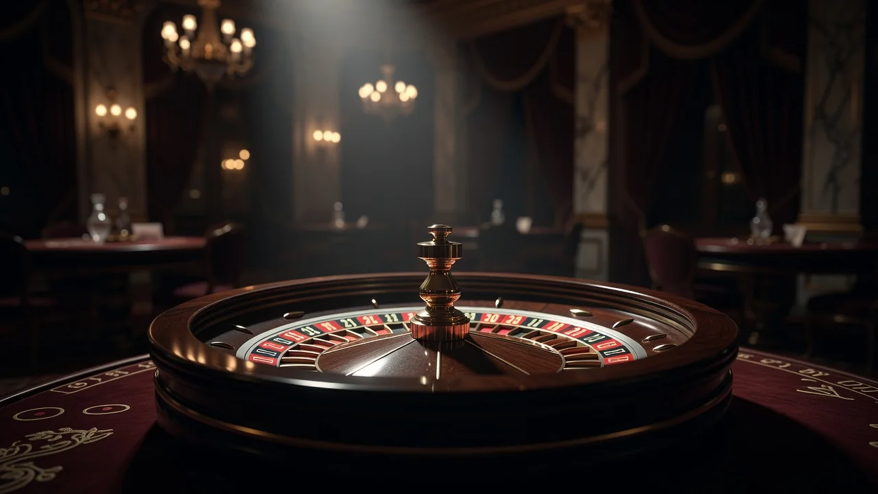 Roulette wheel in a dark elegant casino hall with warm spotlight