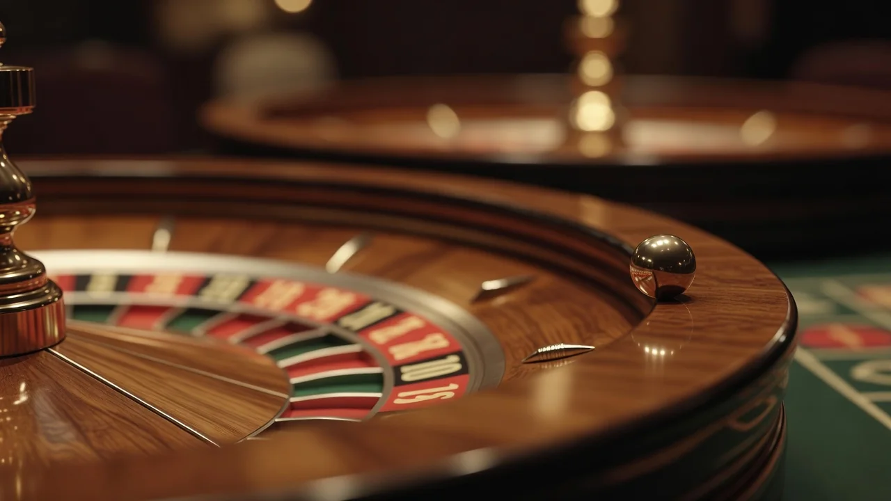 A roulette ball on the wheel rim in warm casino light