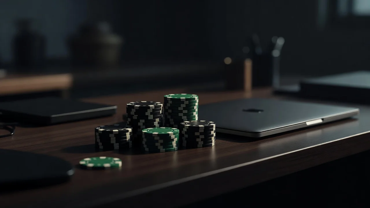 Black and green casino chips stacked beside a closed laptop on a desk