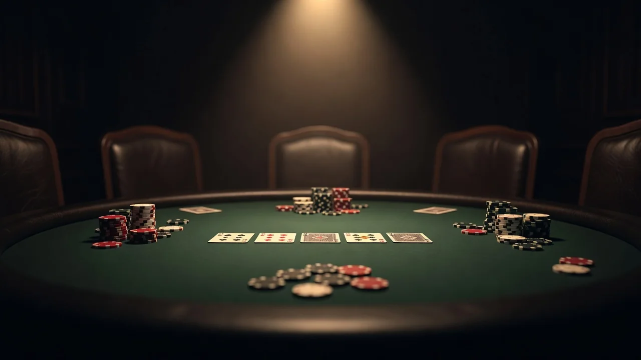 A poker table with community cards and chip stacks under a spotlight