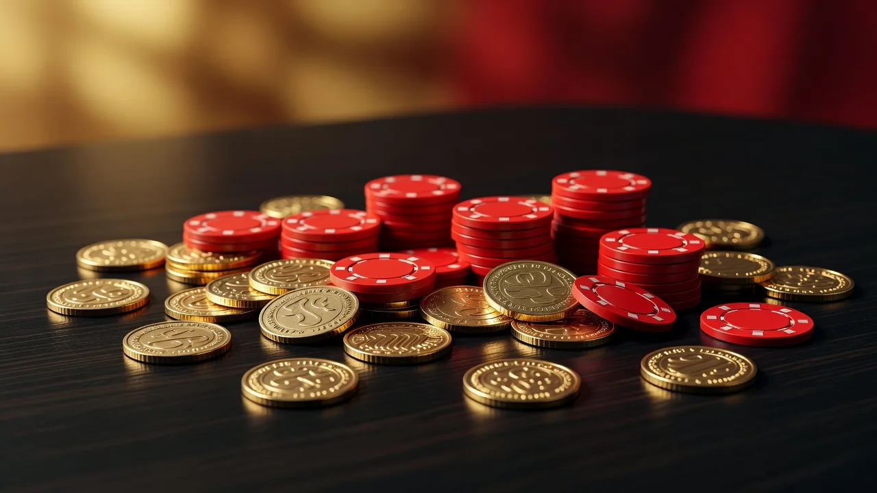Golden coin tokens beside red poker chips on a dark table