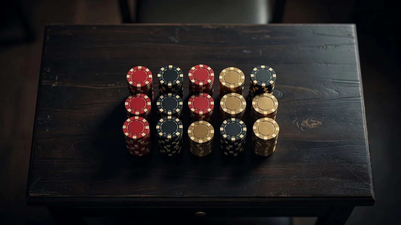 Casino chips divided into separate small stacks on a desk