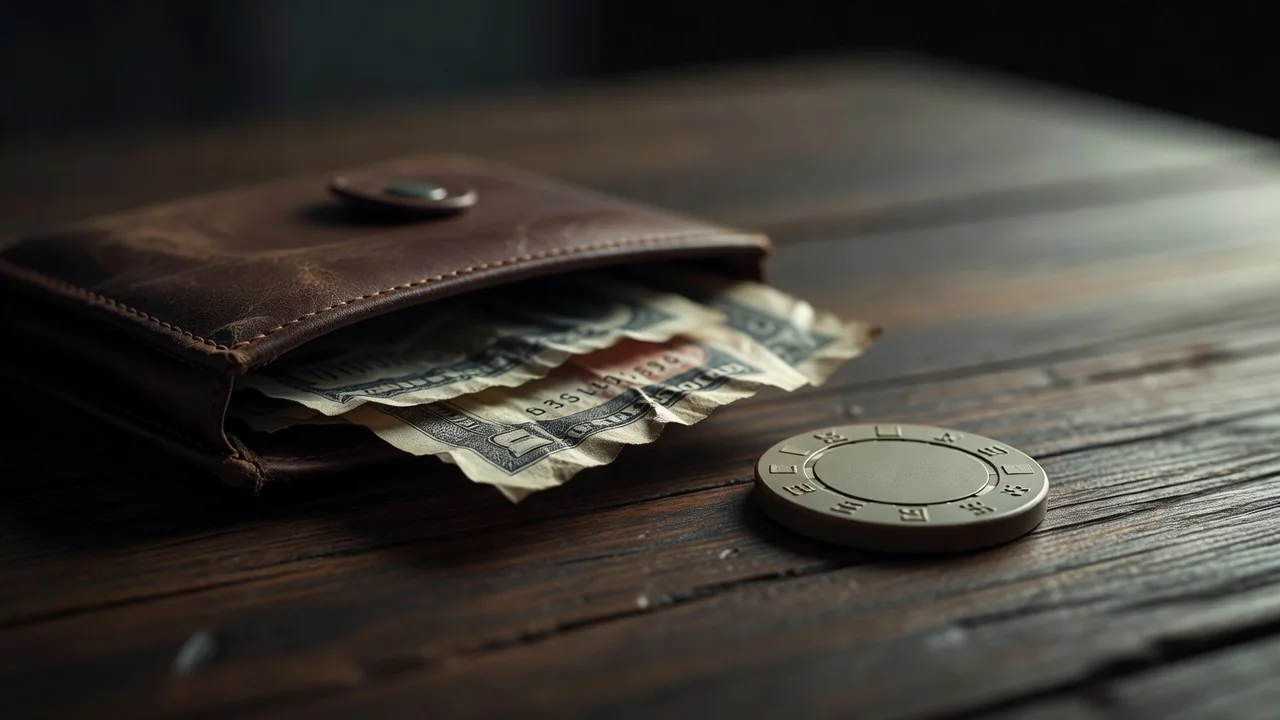 A wallet with banknotes beside a single casino chip
