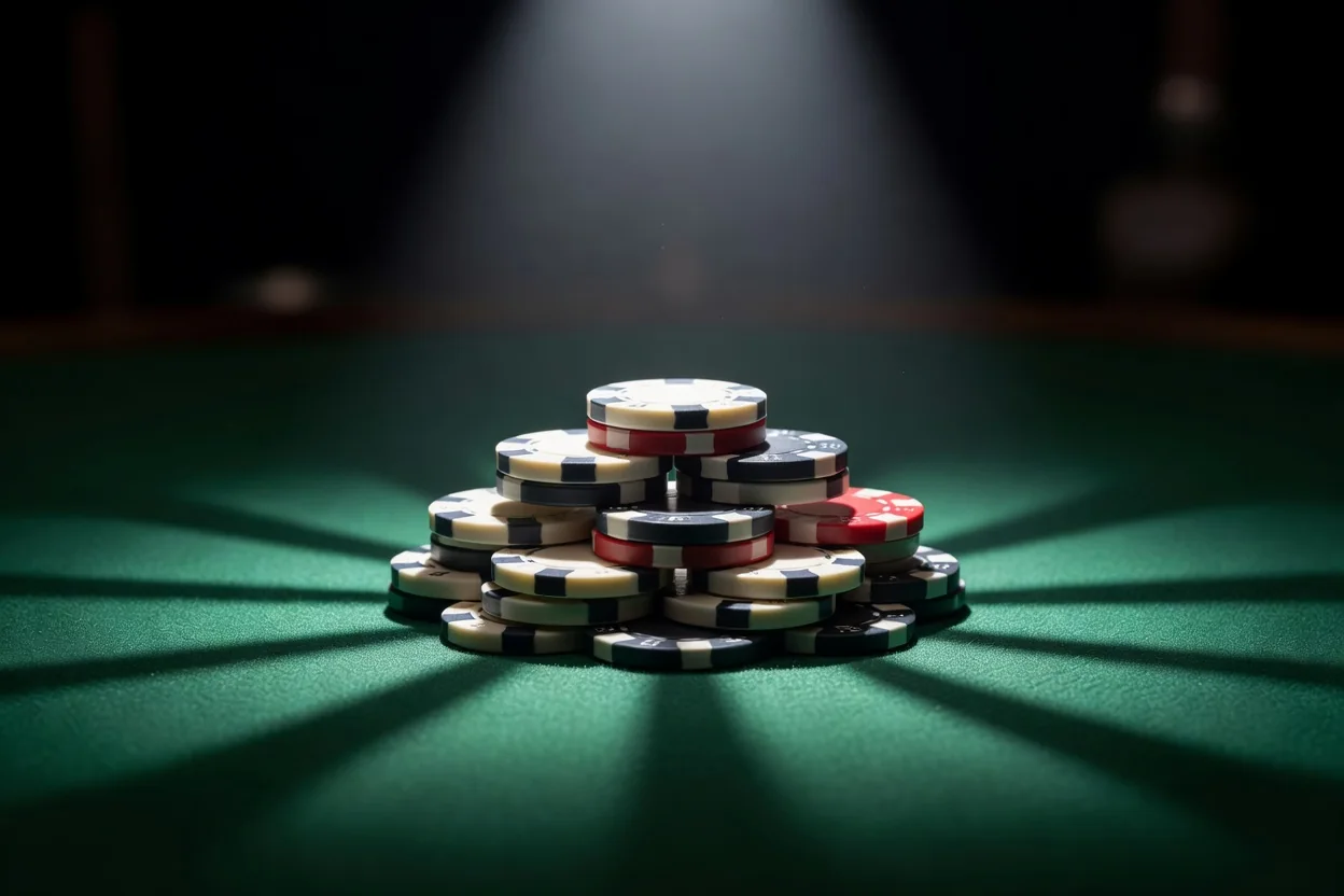 Casino chips forming a small pyramid on green felt