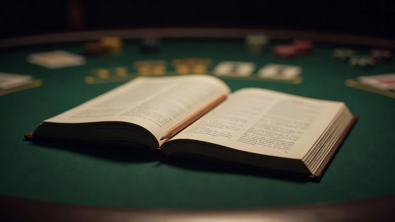 An open rulebook with a pencil on a casino table