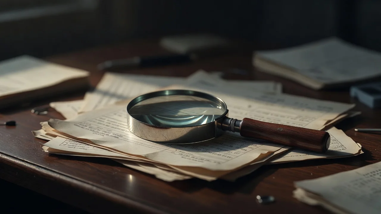 A magnifying glass lying on blurred documents on a desk