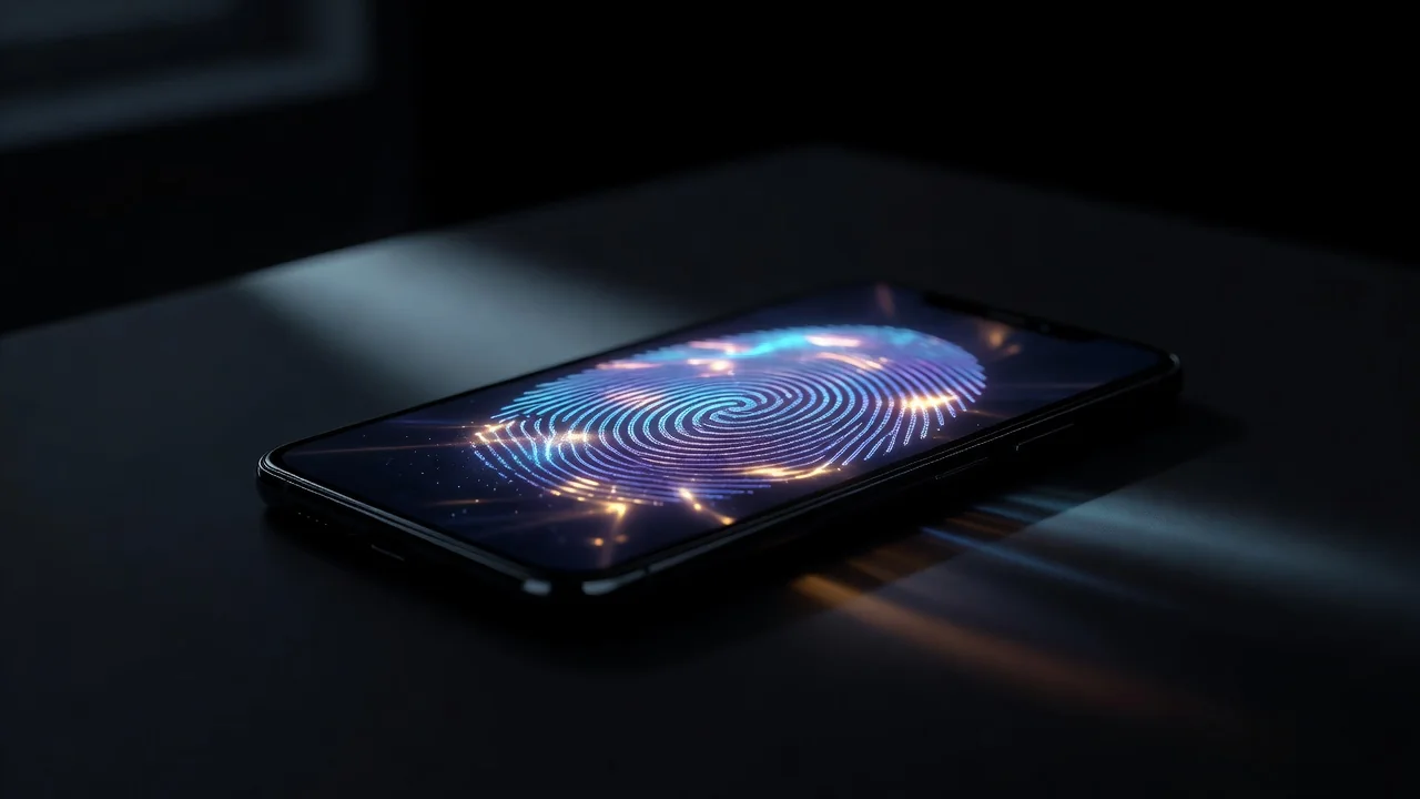 A glowing fingerprint on a smartphone screen in a dark room