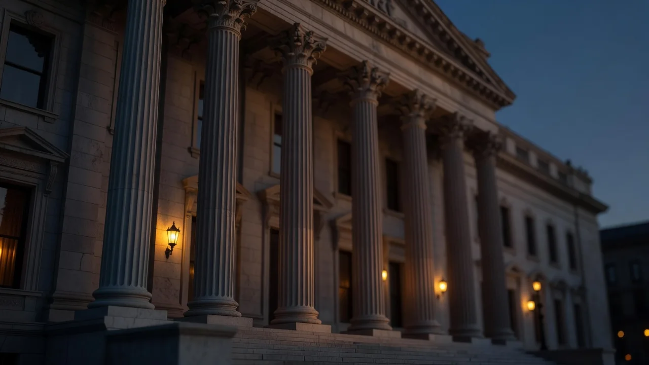 Bank building columns at dusk seen from below