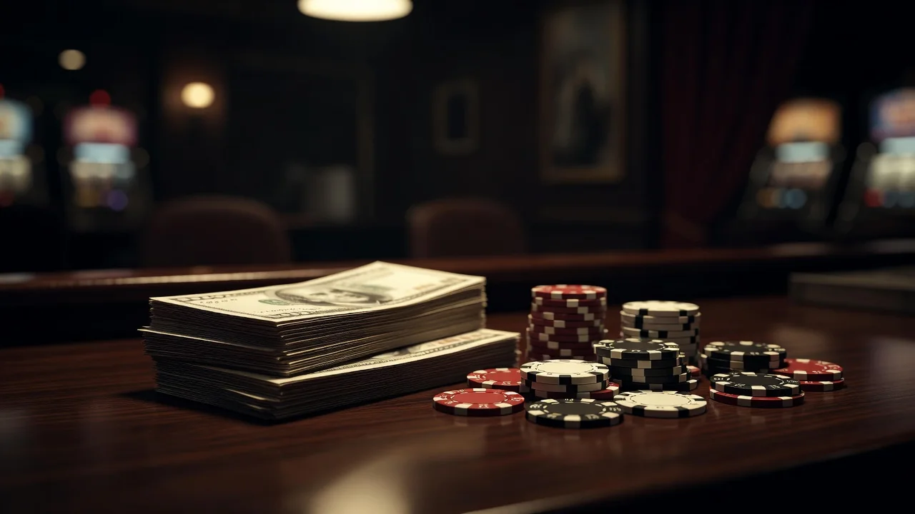 Banknotes and casino chips on a cashier counter