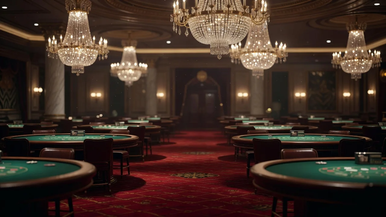 A luxurious casino floor with chandeliers and rows of gaming tables