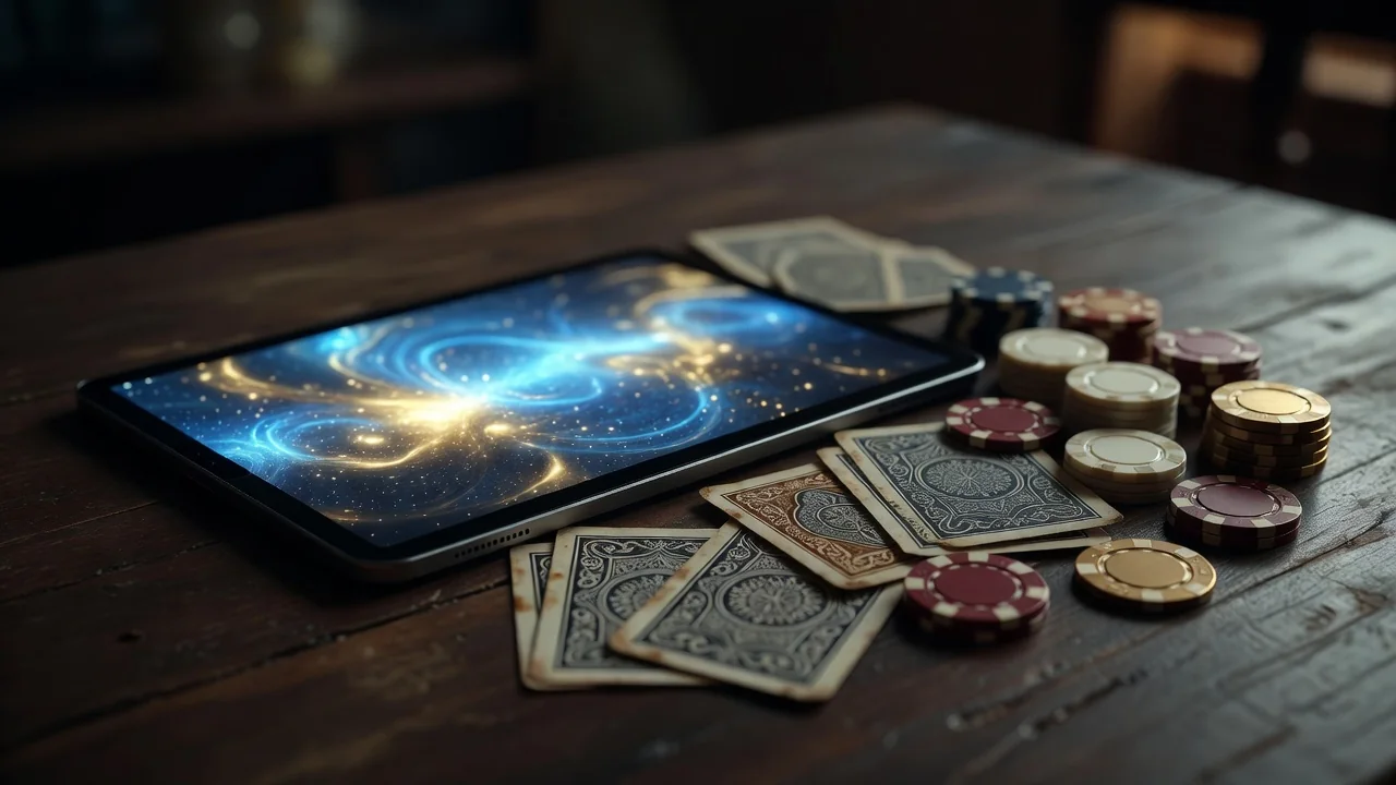 A tablet with a glowing interface beside classic cards and chips