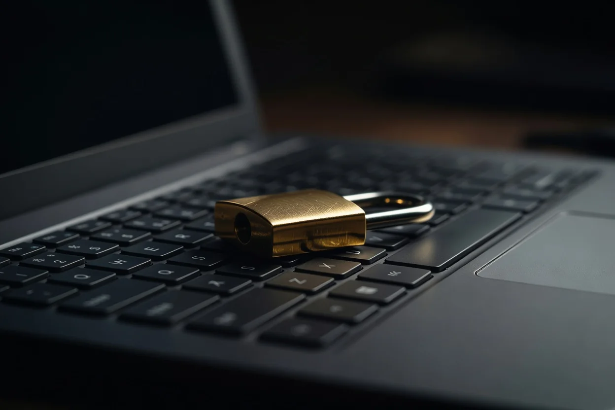 A golden padlock resting on a laptop keyboard