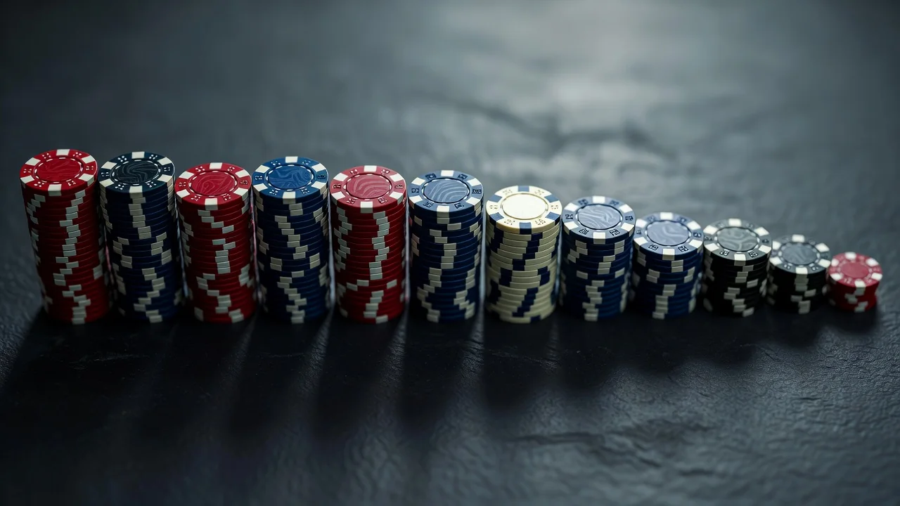 Casino chips lined up from tall to short on dark slate