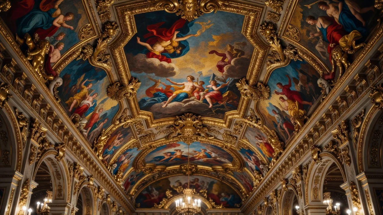 An ornate baroque casino ceiling with frescoes and gold stucco