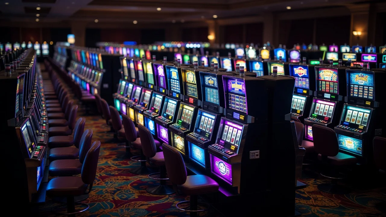 Rows of glowing slot machines in an empty casino hall at night