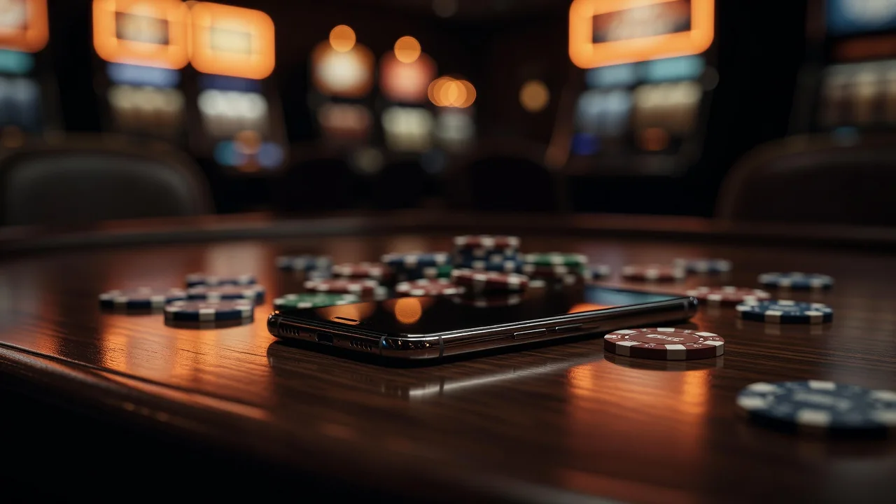 Close-up of a smartphone with casino chips reflected on the table