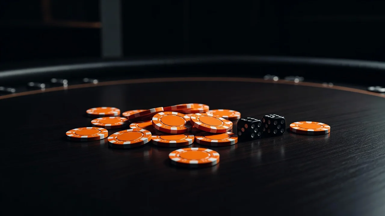 Orange casino chips and two dice on a dark gaming table
