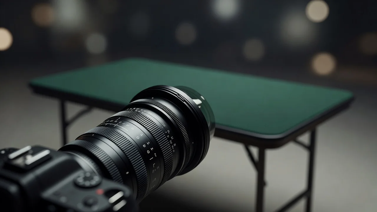 A broadcast camera aimed at an empty card table in a studio