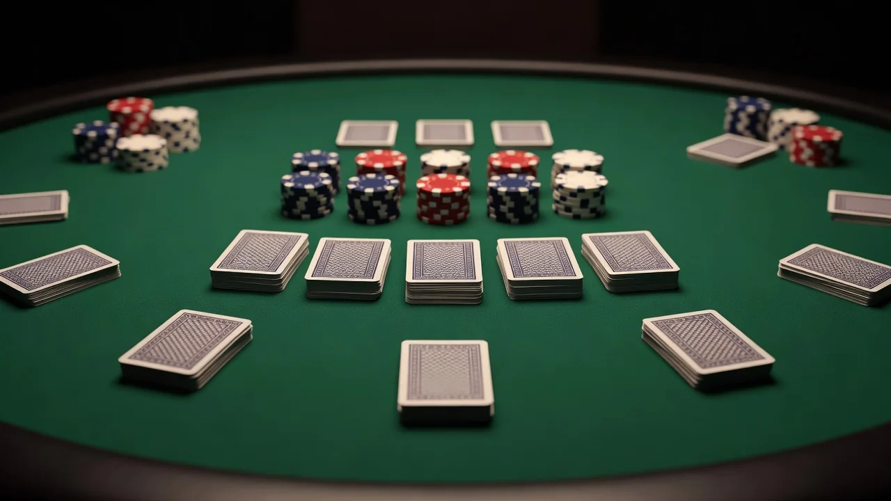 A green blackjack table with cards and chips under studio light