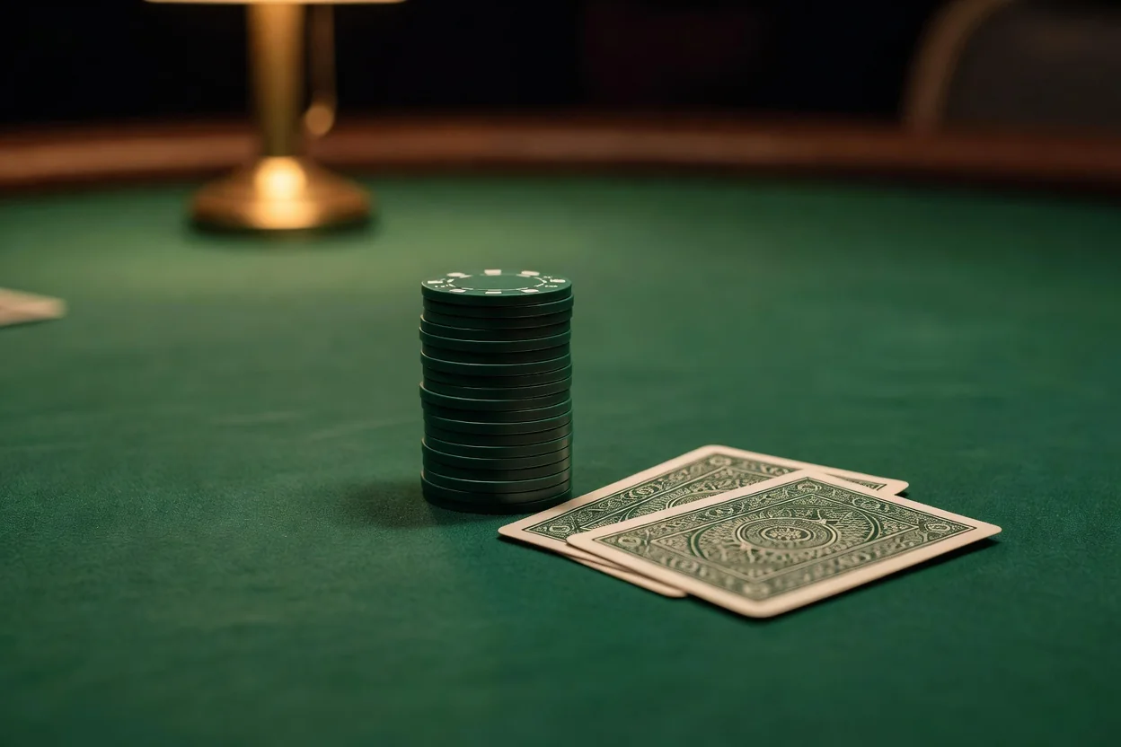 Green felt casino table with a single elegant stack of dark green chips