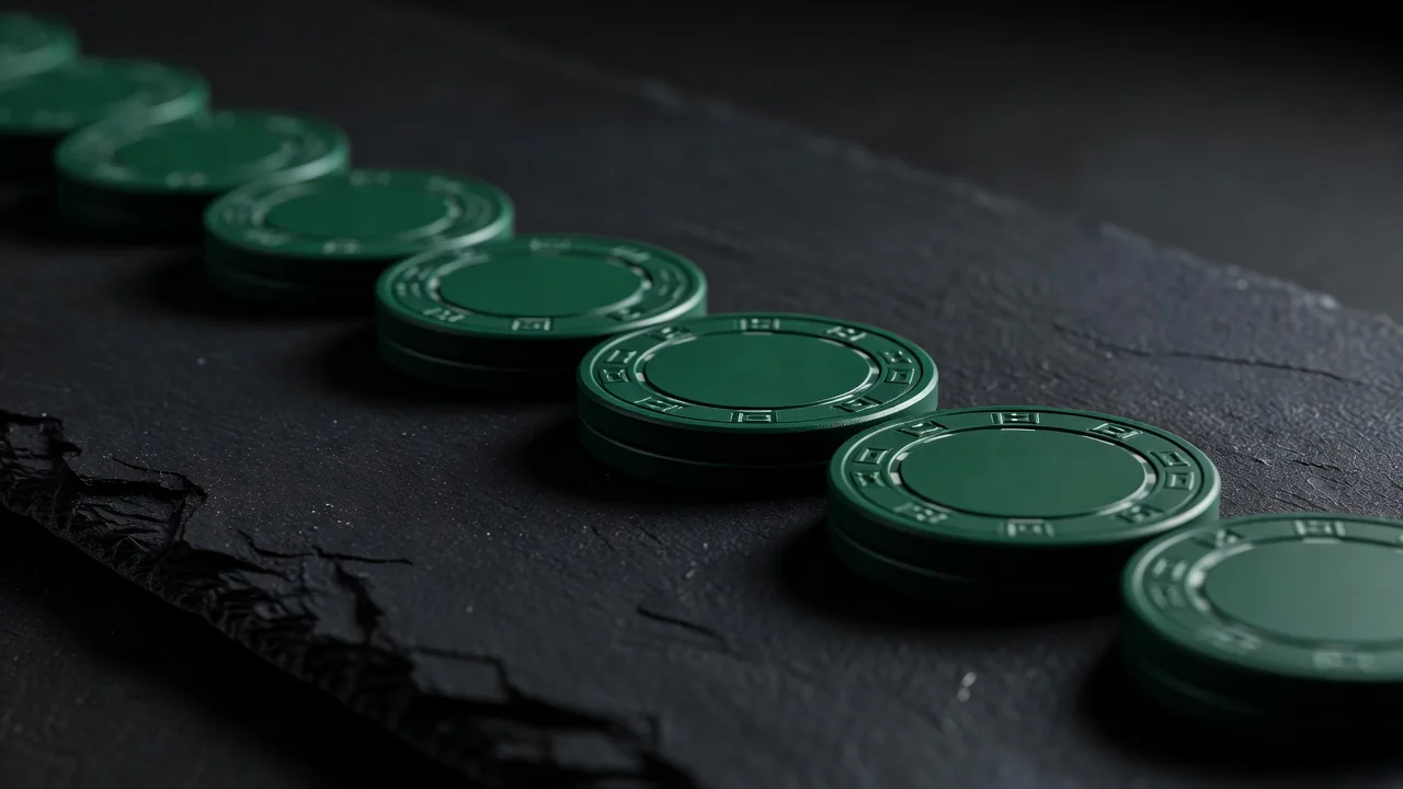 Elegant dark green casino chips in a neat row on black slate