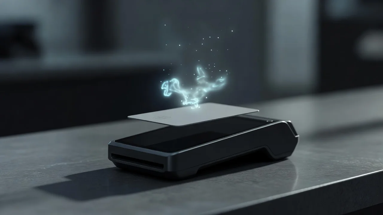 A contactless payment terminal with a card above it