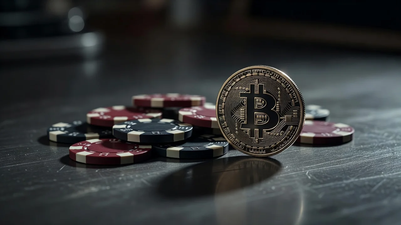 A physical bitcoin coin beside casino chips on dark metal
