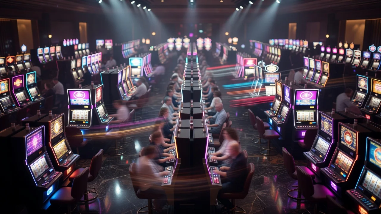 A busy casino floor with rows of glowing slot machines