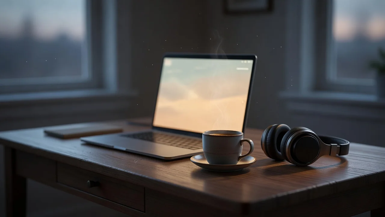 A laptop glowing on a home desk beside a coffee cup