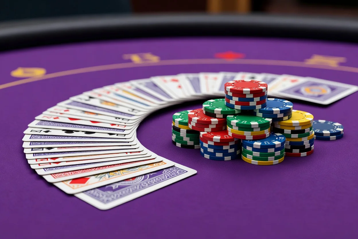 Bright casino chips scattered playfully across a purple-lit table