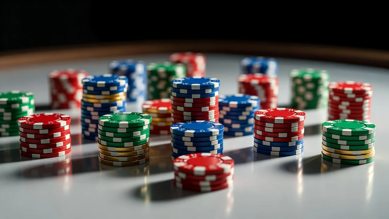 Colorful casino chips stacked in small towers on a bright table