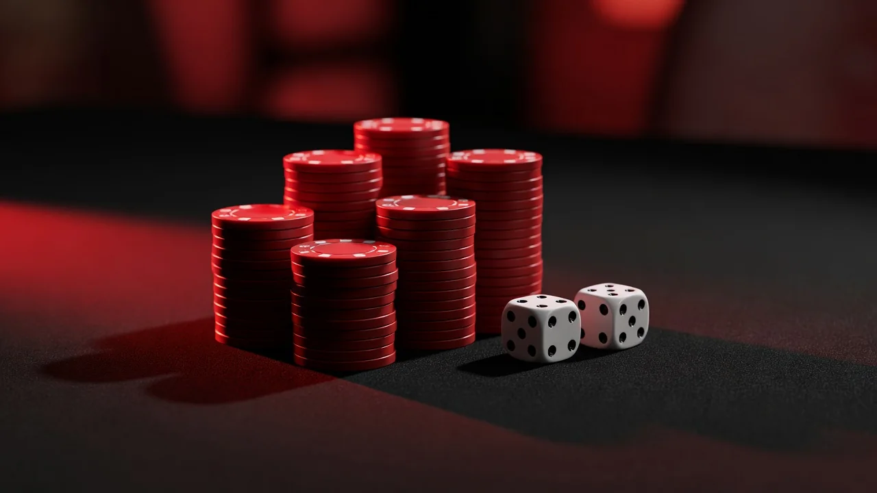 Red casino chips stacked beside two dice on black felt