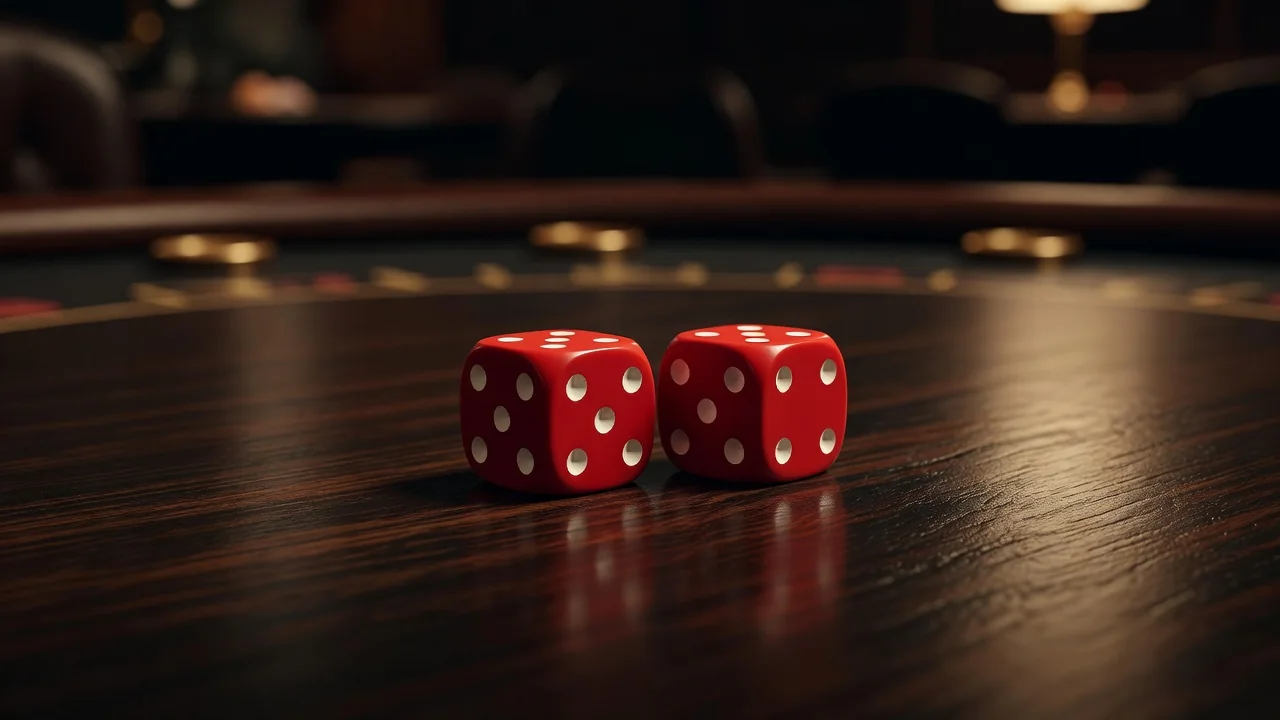 Two red dice resting on a dark wooden casino table in warm light