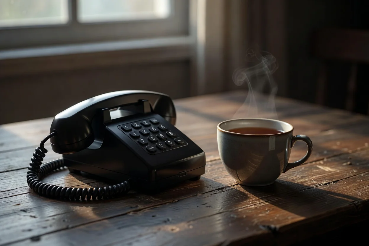 A telephone beside a cup of tea in soft window light