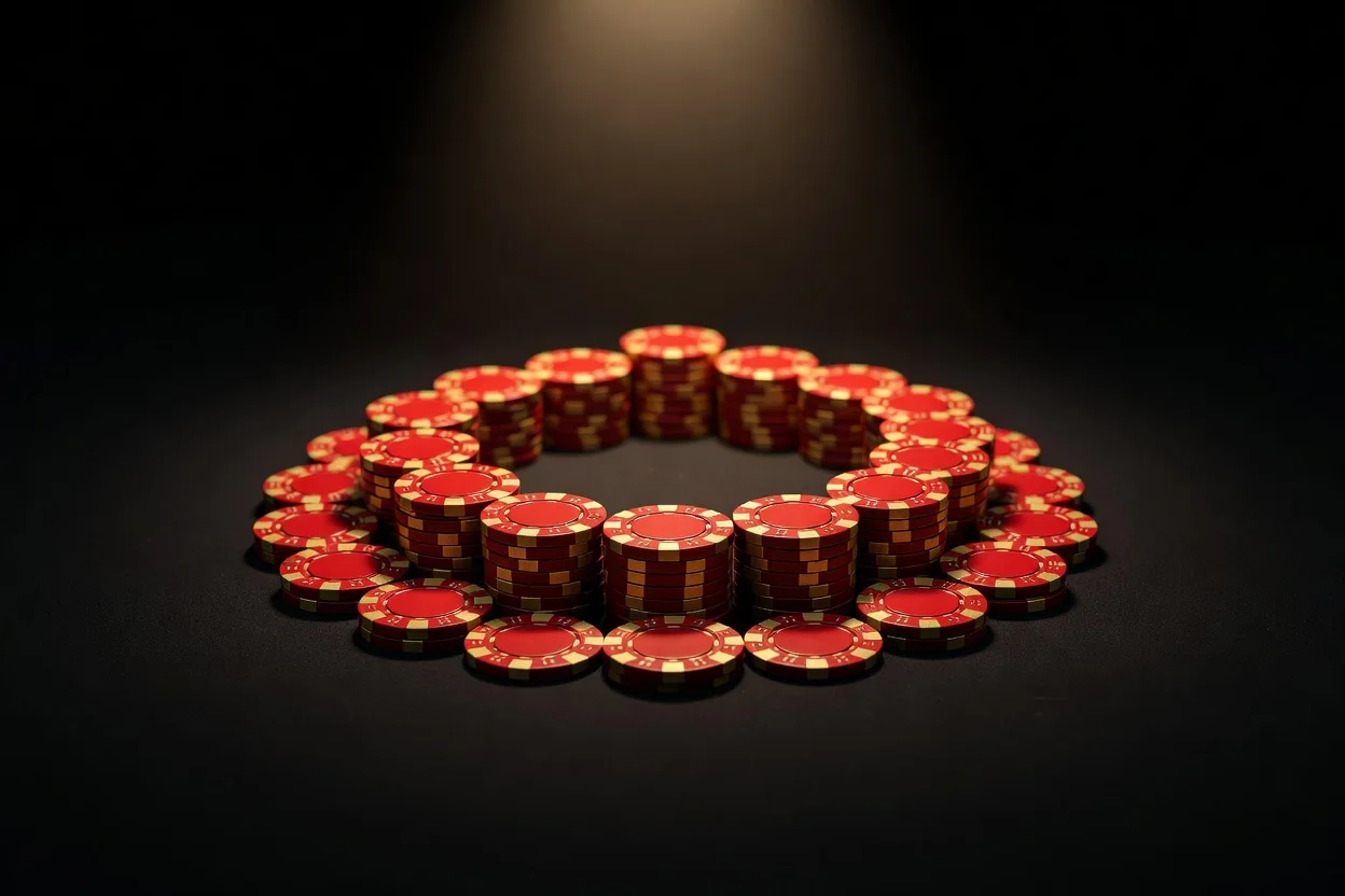 Red and gold casino chips arranged in a crown shape on black felt