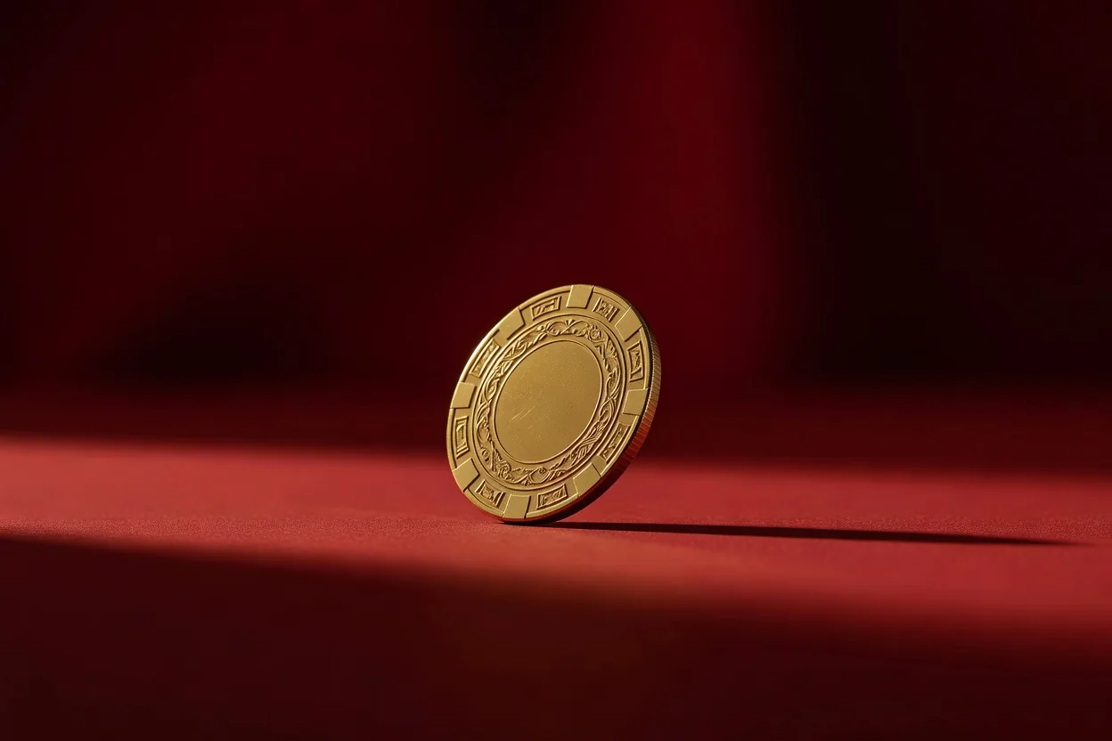 Single golden casino chip standing on edge against a deep red background