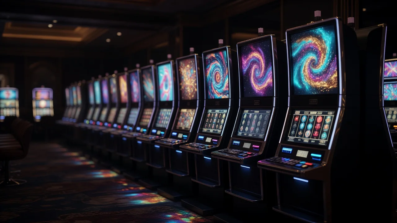 A row of slot machines with glowing screens out of focus