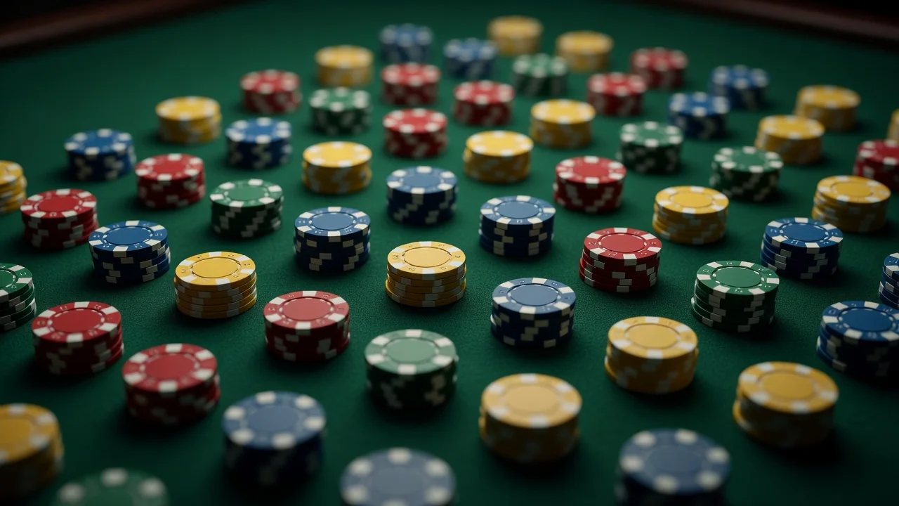 Casino chips sorted into small equal piles on green felt