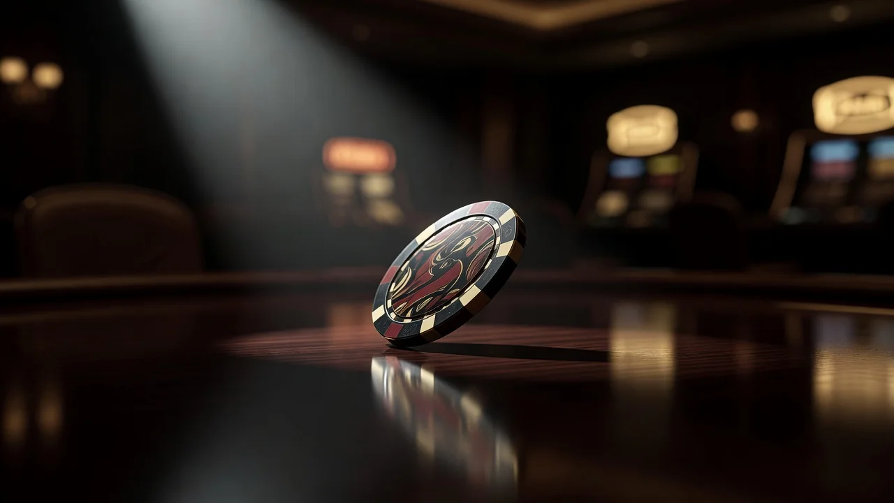 A single casino chip balanced on its edge on a dark table