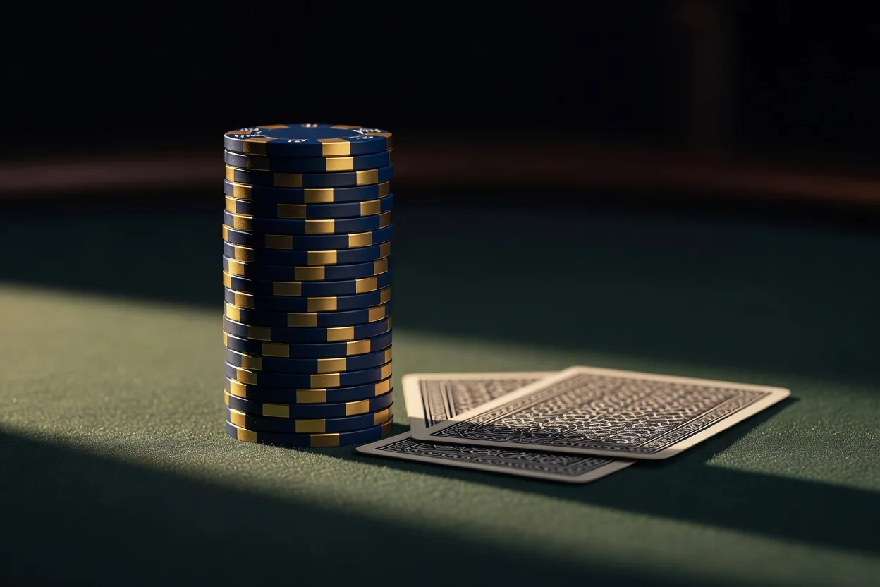 Stack of casino chips beside playing cards on green felt