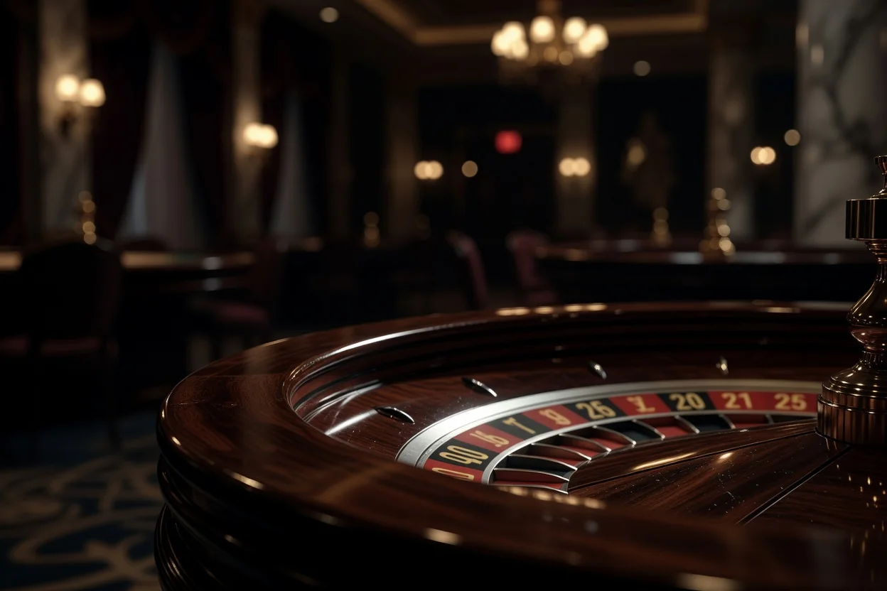 Roulette wheel in dark casino hall with shallow depth of field