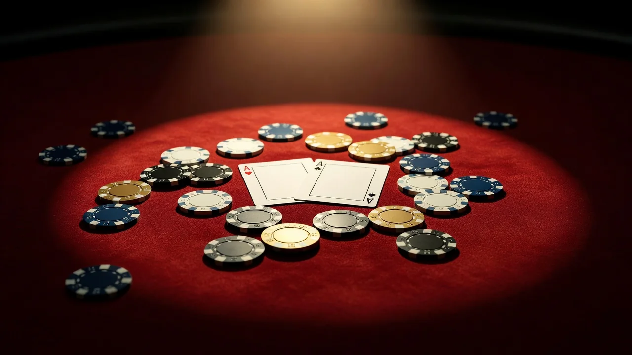 Poker chips and two aces on red felt under warm spotlight