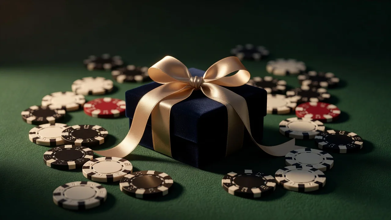 Gift box surrounded by casino chips on green felt