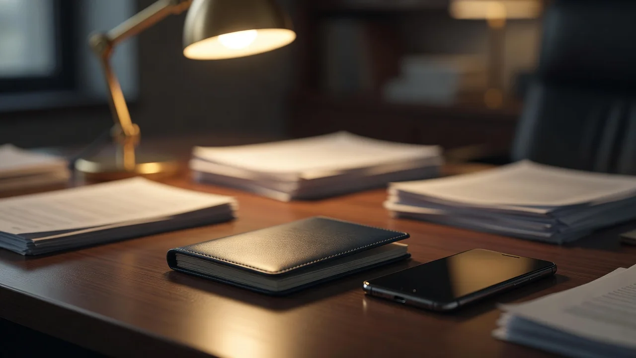 Passport cover and smartphone on a desk under office light
