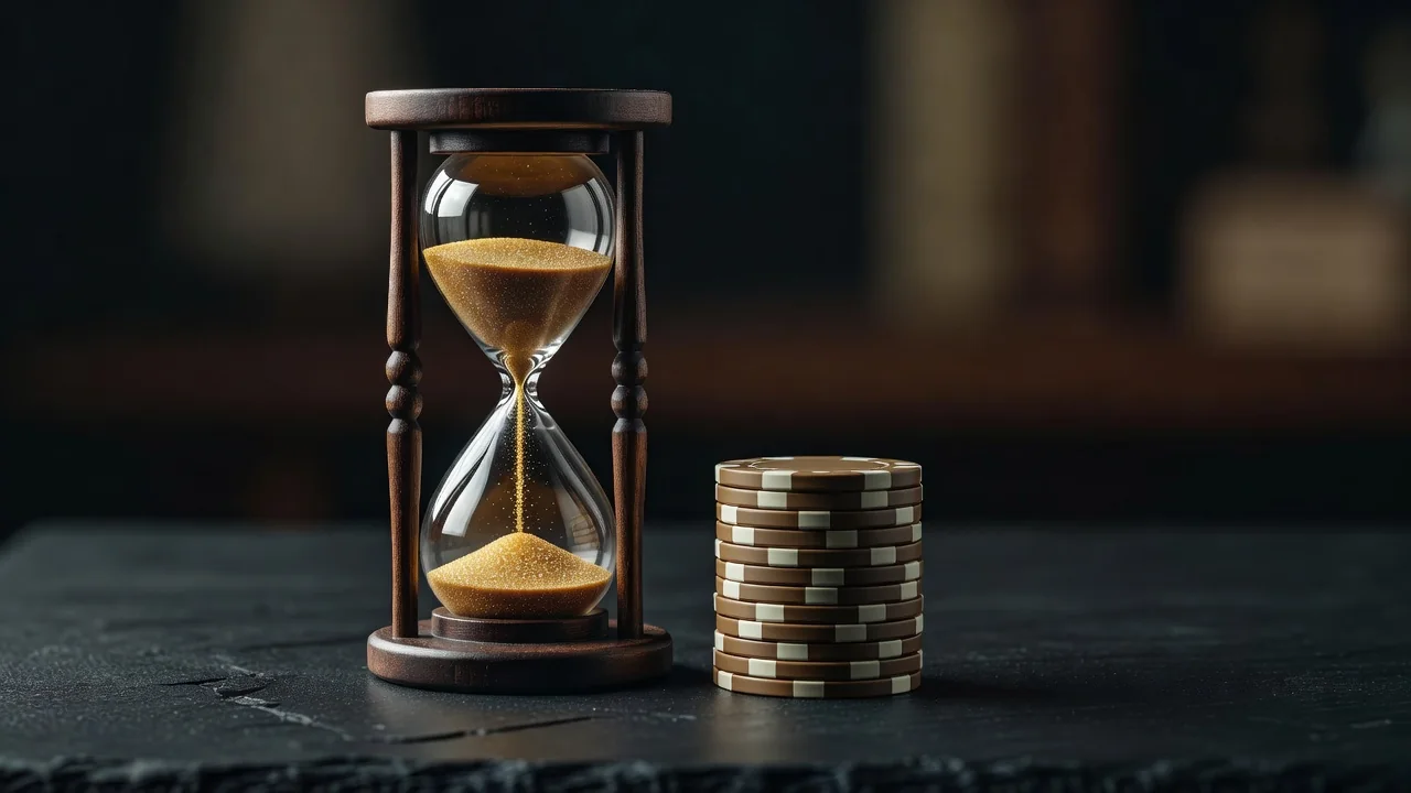 Hourglass beside a small stack of casino chips on dark slate