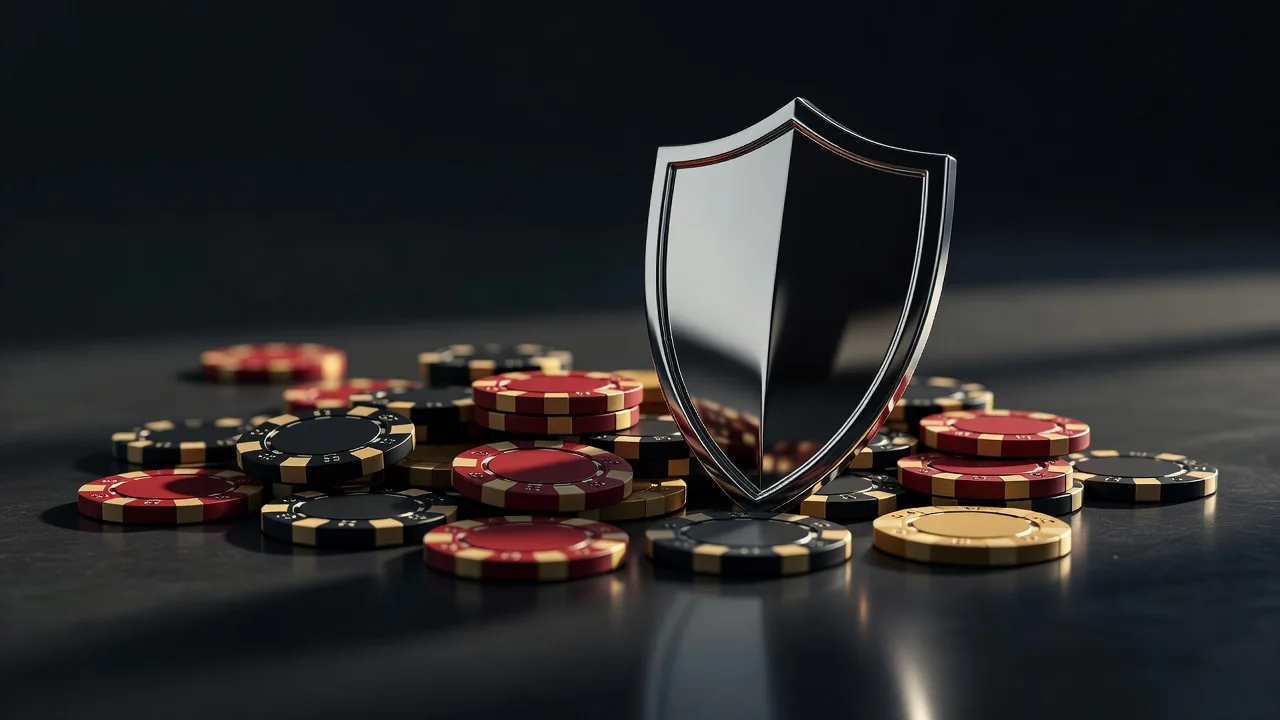 Metal shield standing beside casino chips on a dark surface