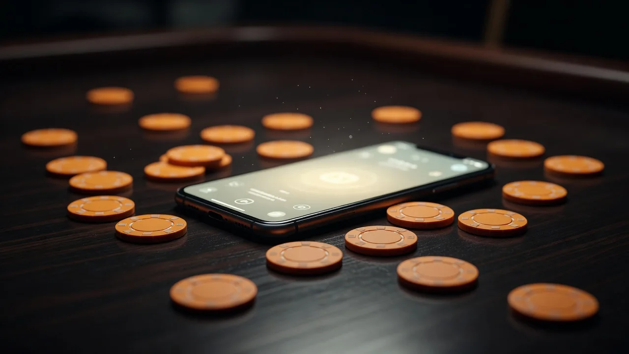 Smartphone showing a colorful slot game on a dark wooden table