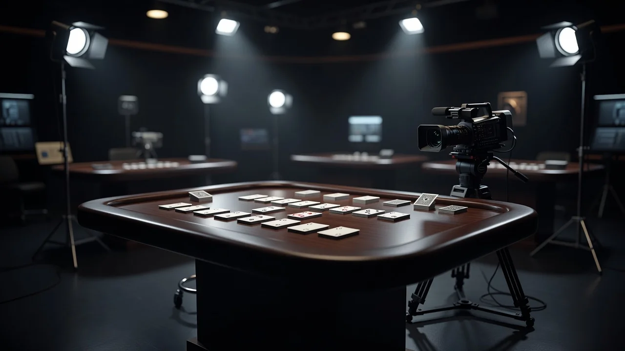 Empty live casino studio table with cards and a broadcast camera