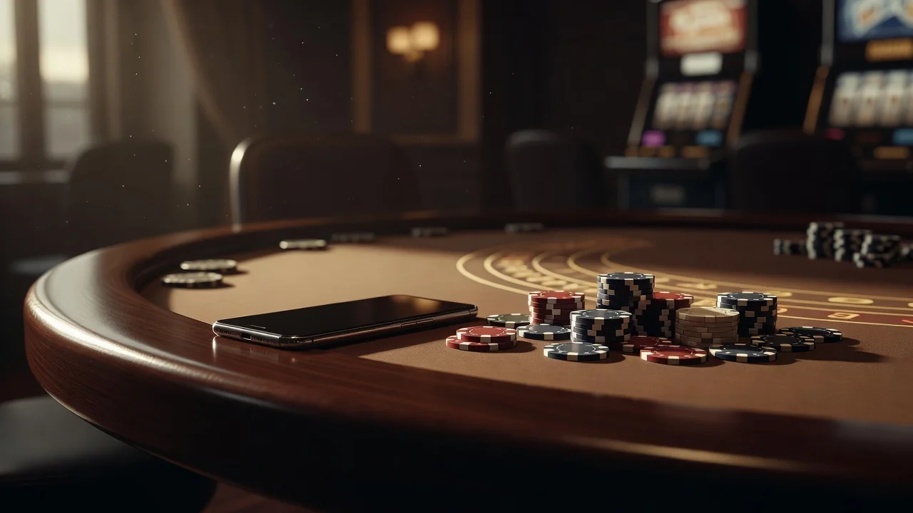 Smartphone lying on a casino table next to scattered chips